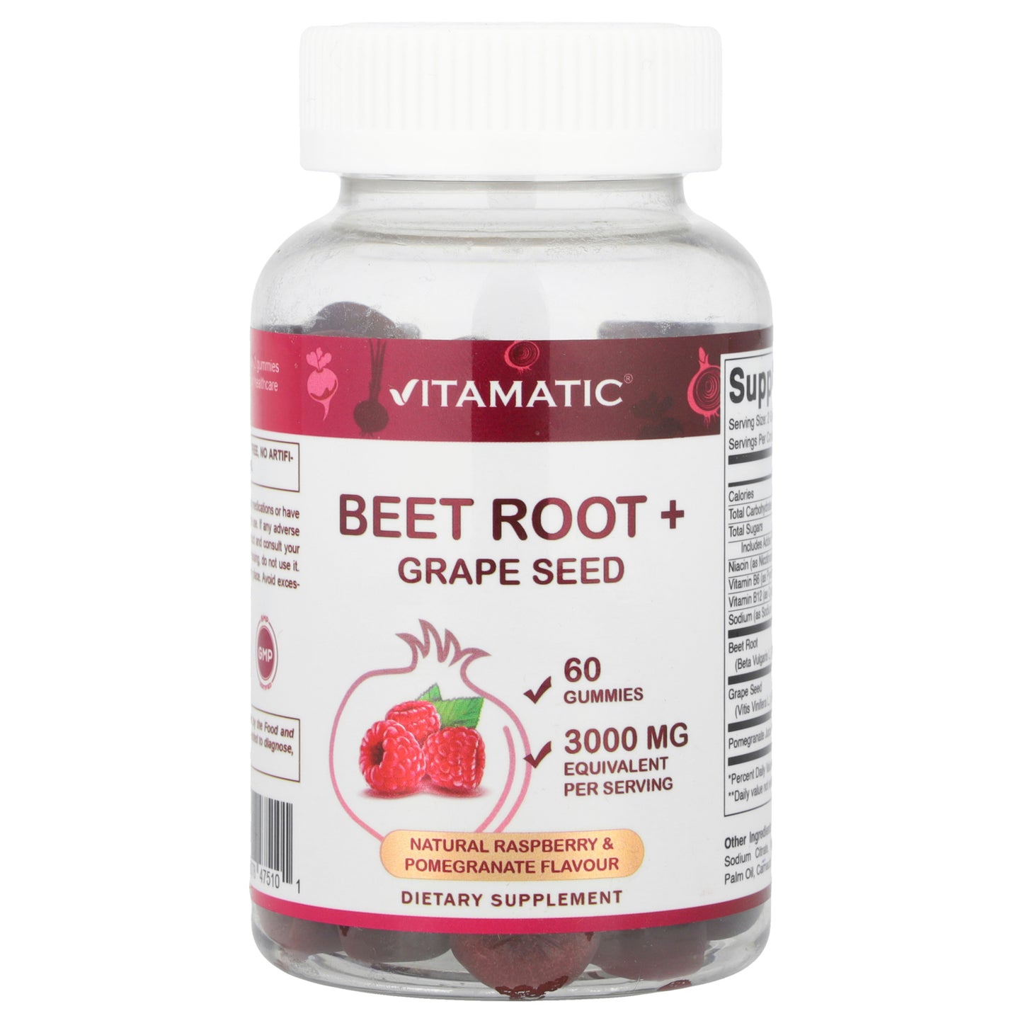 Vitamatic, Beet Root + Grape Seed Gummies, Natural Raspberry &  Pomegranate, 60 Gummies