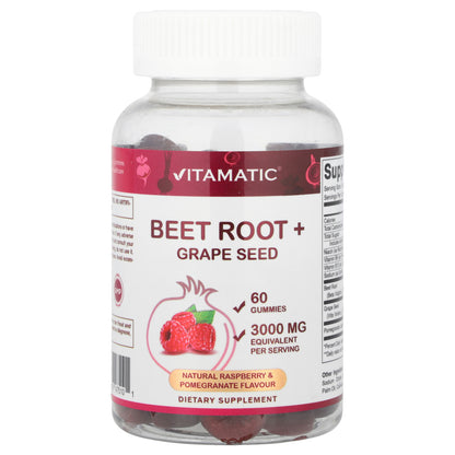 Vitamatic, Beet Root + Grape Seed Gummies, Natural Raspberry &  Pomegranate, 60 Gummies