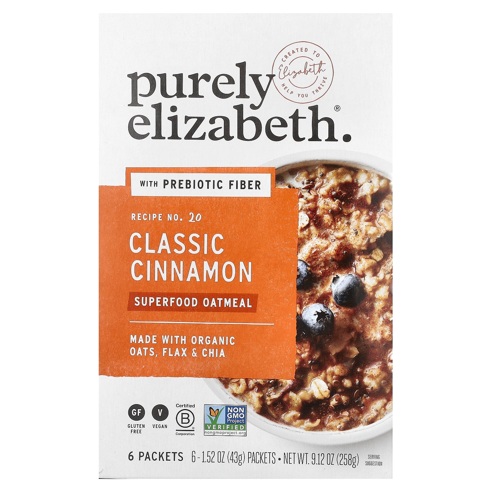 Purely Elizabeth, Superfood Oatmeal With Prebiotic Fiber, Classic Cinnamon, 6 Packets, 1.52 oz (43 g) Each