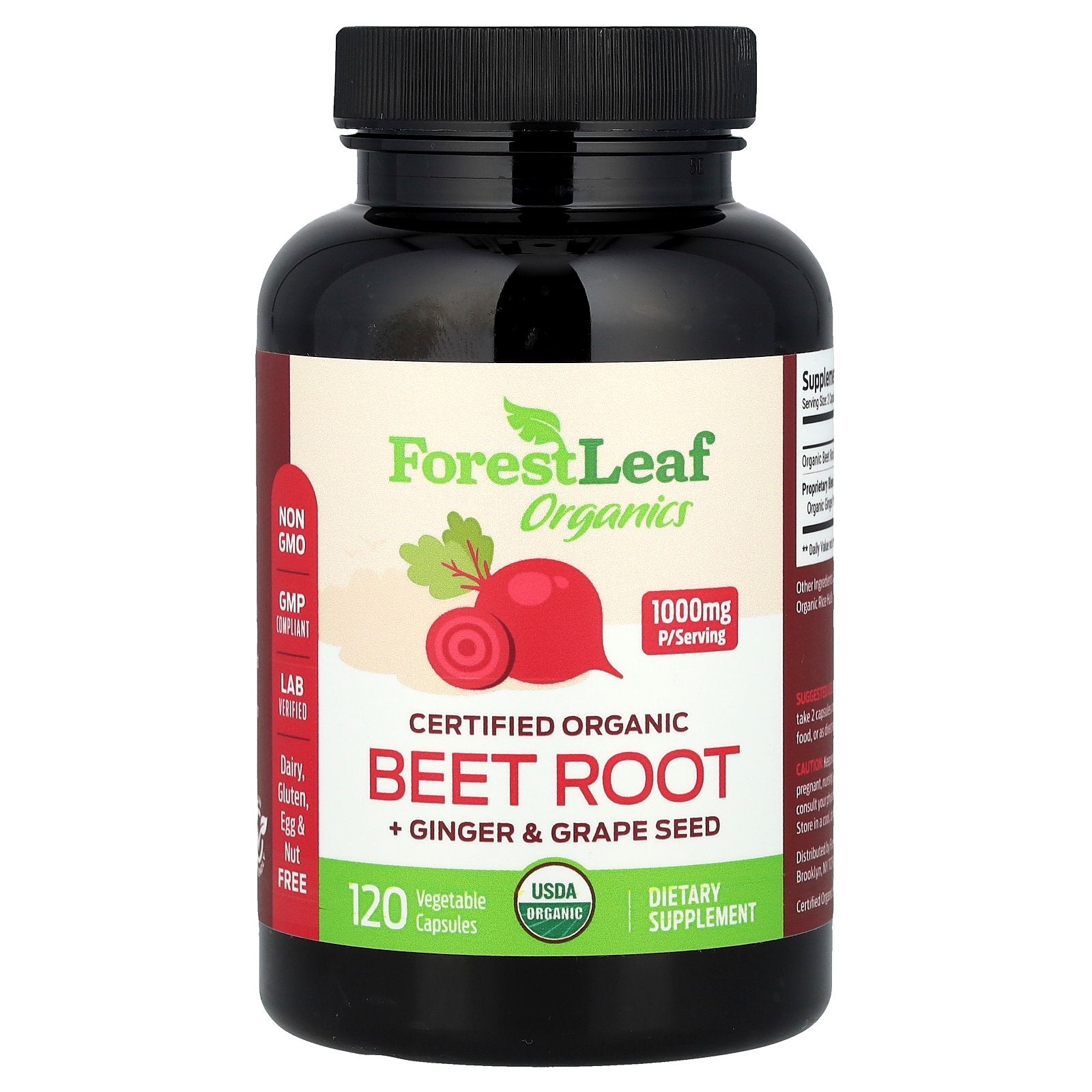 Forest Leaf, Certified Organic Beet Root + Ginger & Grape Seed, 120 Vegetable Capsules