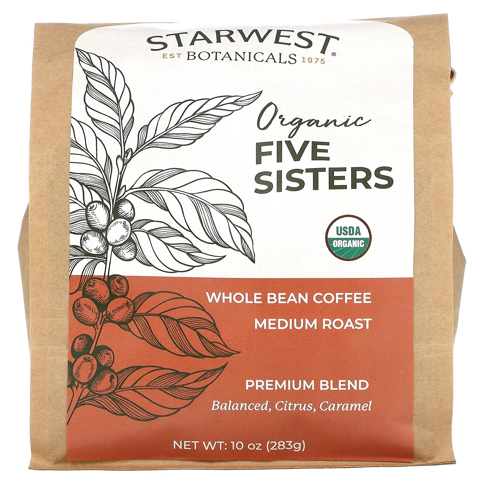 Starwest Botanicals, Organic Five Sisters Coffee, Whole Bean, Medium Roast, 10 oz (283 g)