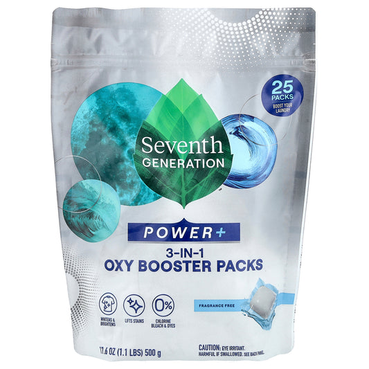 Seventh Generation, Power+, 3-in-1 Oxy Booster Packs, Fragrance Free, 25 Packs, 1.1 lbs (500 g)