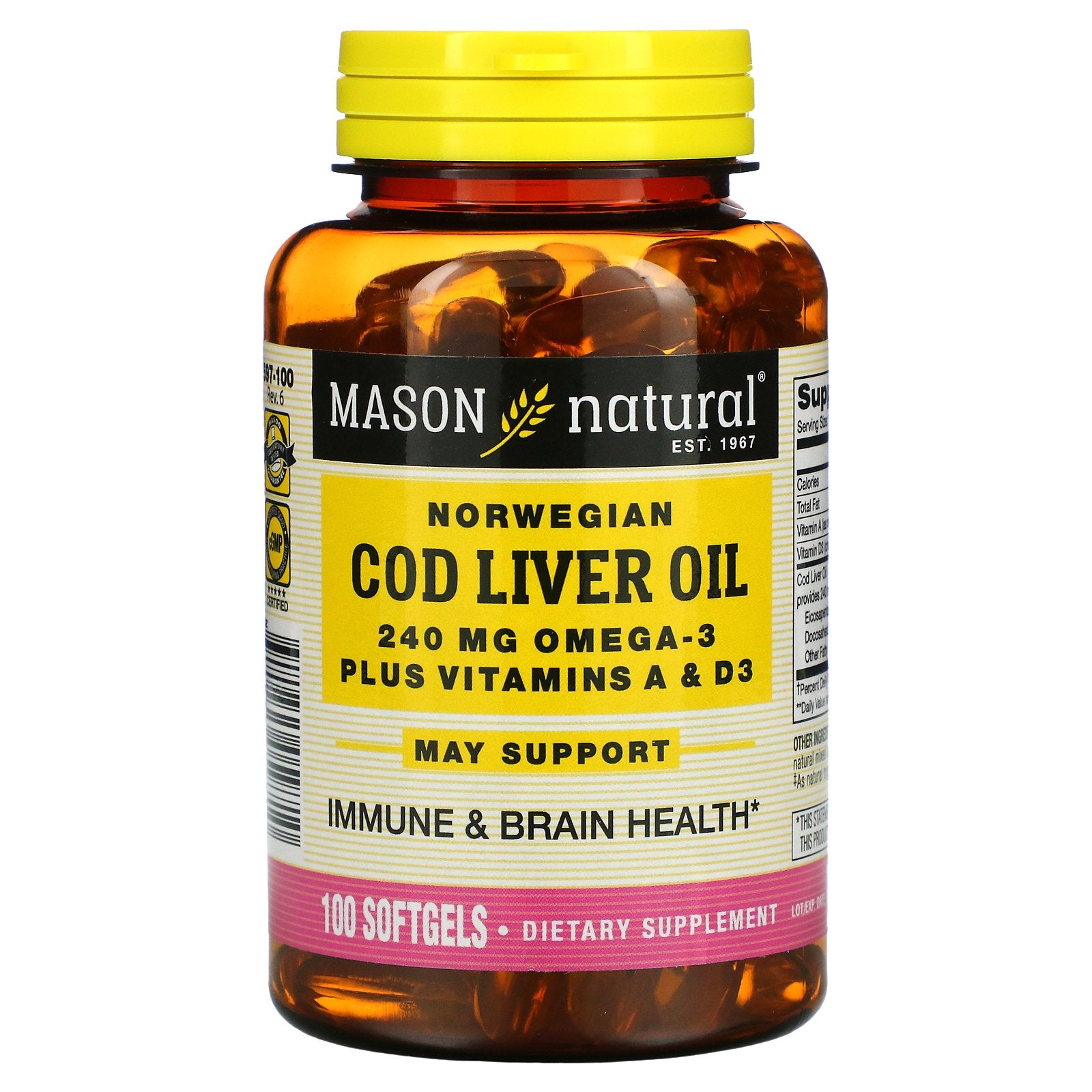 Mason Natural, Norwegian Cod Liver Oil Plus Vitamins A & D3, 100 Softgels