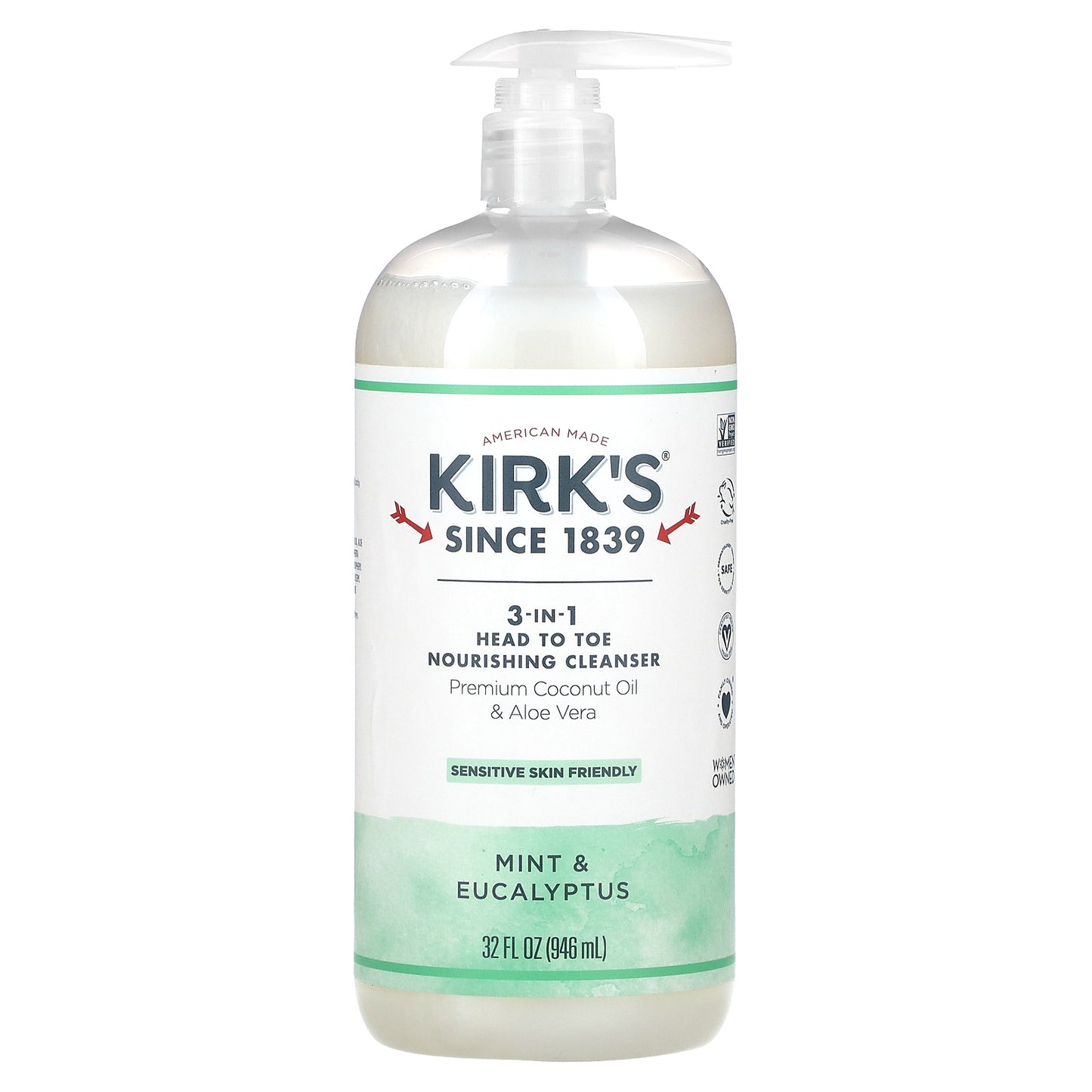Kirk's, 3-In-1 Head To Toe Nourishing Cleanser, Mint & Eucalyptus, 32 fl oz (946 ml)