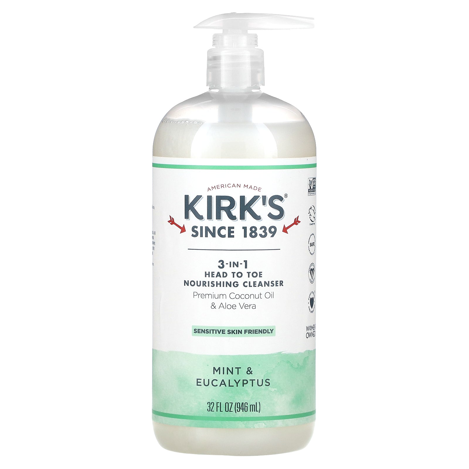 Kirk's, 3-In-1 Head To Toe Nourishing Cleanser, Mint & Eucalyptus, 32 fl oz (946 ml)