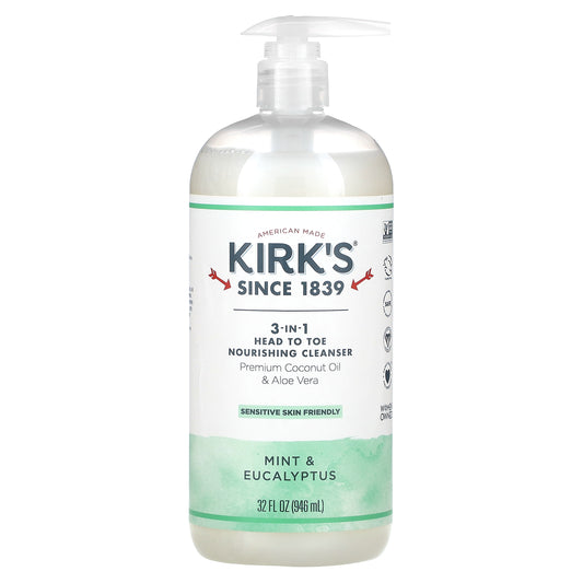 Kirk's, 3-In-1 Head To Toe Nourishing Cleanser, Mint & Eucalyptus, 32 fl oz (946 ml)