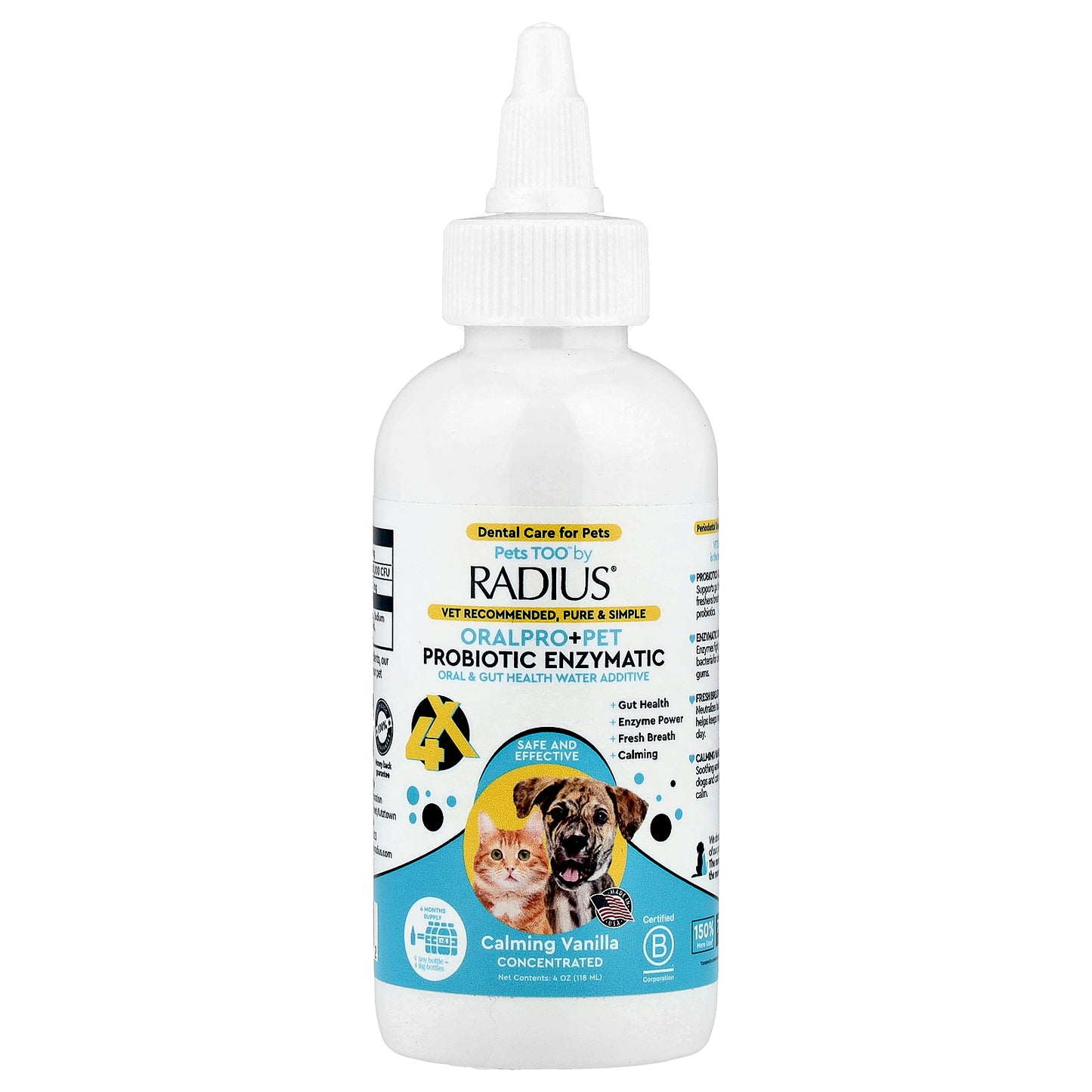 RADIUS, Pets Too™, OralPro + Pet Probiotic Enzymatic, Oral & Gut Health Water Additive, Calming Vanilla, 4 oz (118 ml)