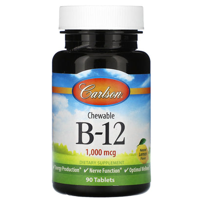 Carlson, Chewable Vitamin B-12, Natural Lemon, 1,000 mcg, 90  Tablets