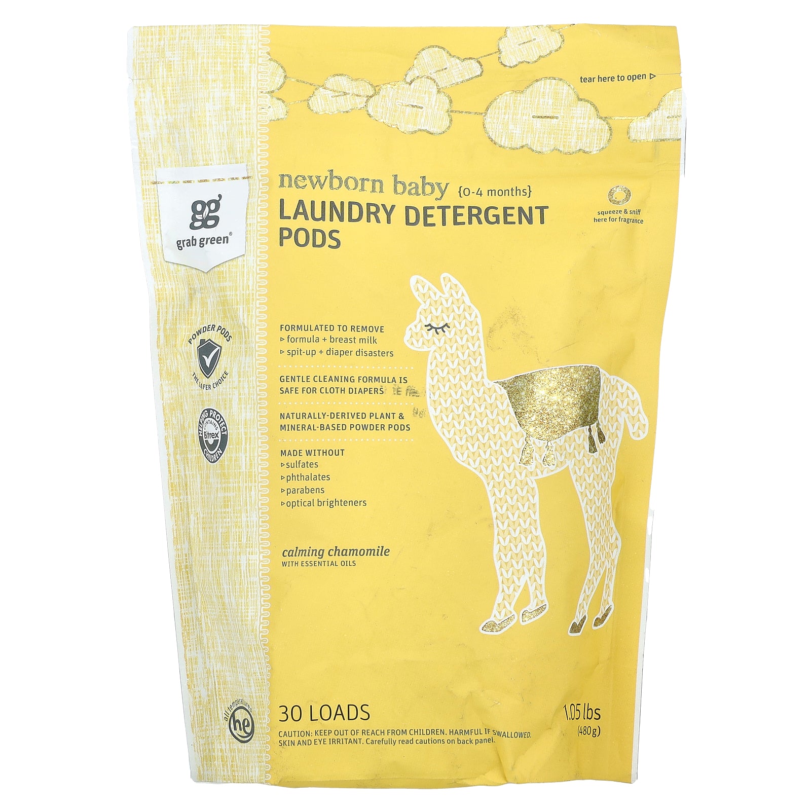 Grab Green, Newborn Baby Laundry Detergent Pods, 0-4 Months, Calming Chamomile with Essential Oils, 30 Loads, 1.05 lbs (480 g)