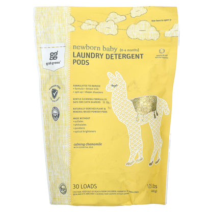 Grab Green, Newborn Baby Laundry Detergent Pods, 0-4 Months, Calming Chamomile with Essential Oils, 30 Loads, 1.05 lbs (480 g)