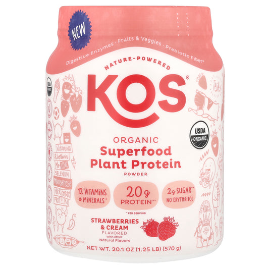 KOS, Organic Superfood Plant Protein Powder, Strawberries & Cream, 1.25 lb (570 g)