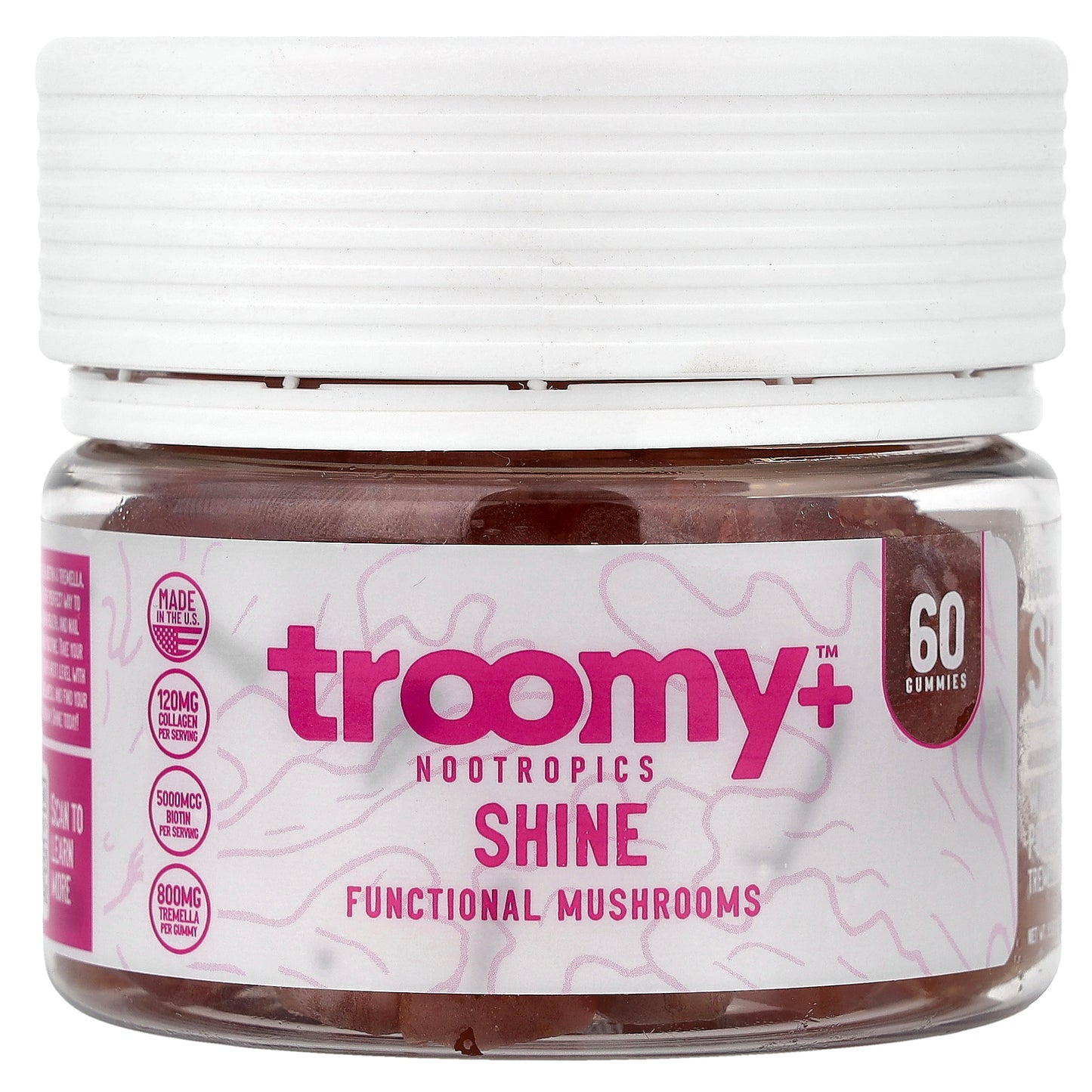 Troomy Nootropics, Shine, Functional Mushrooms Gummies, White Peach Pomegranate, 60 Gummies