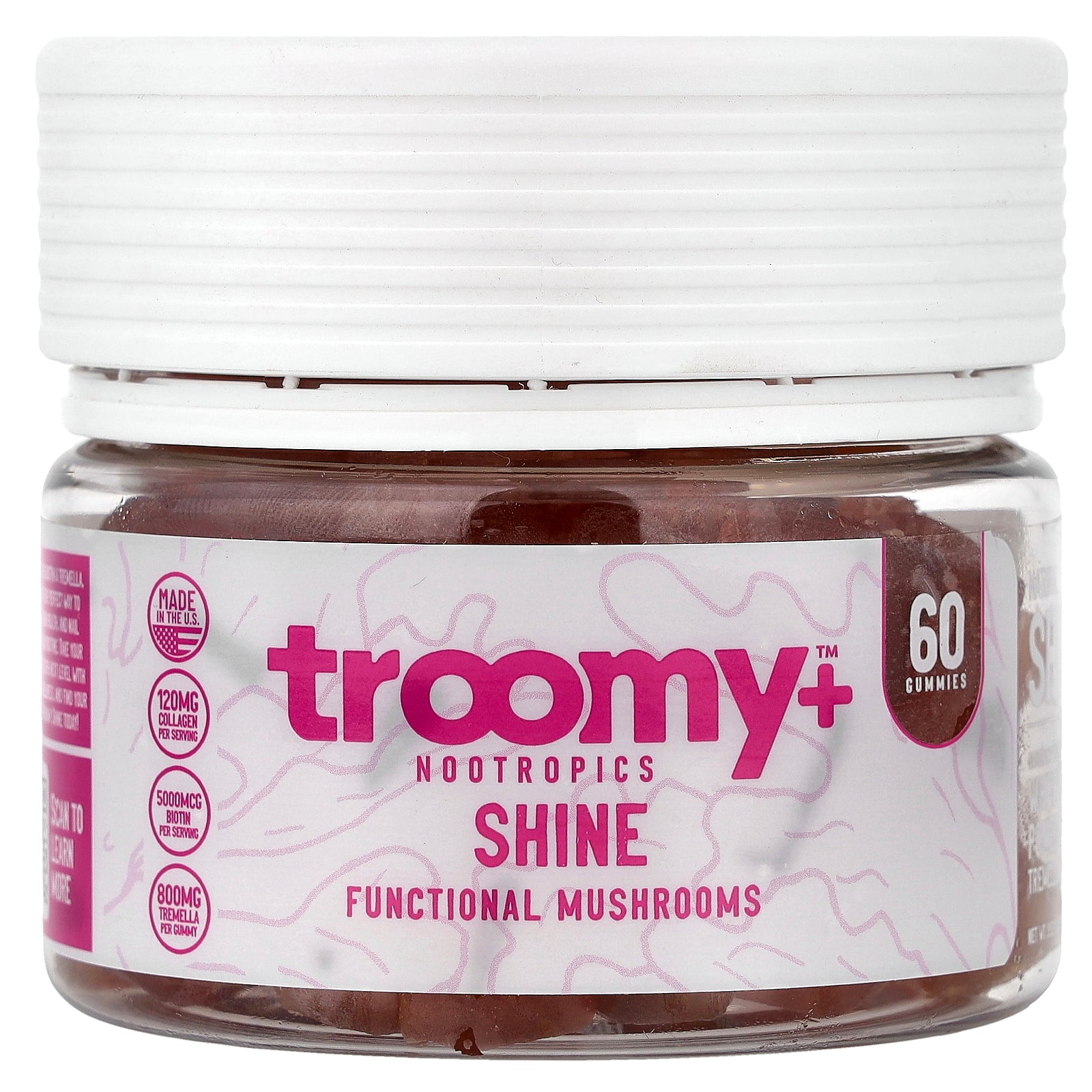 Troomy Nootropics, Shine, Functional Mushrooms Gummies, White Peach Pomegranate, 60 Gummies