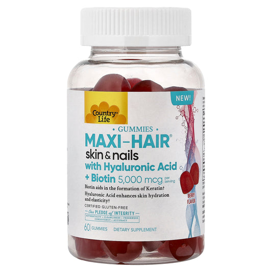 Country Life, Maxi-Hair® Skin & Nails Gummies with Hyaluronic Acid + Biotin, Berry, 60 Gummies