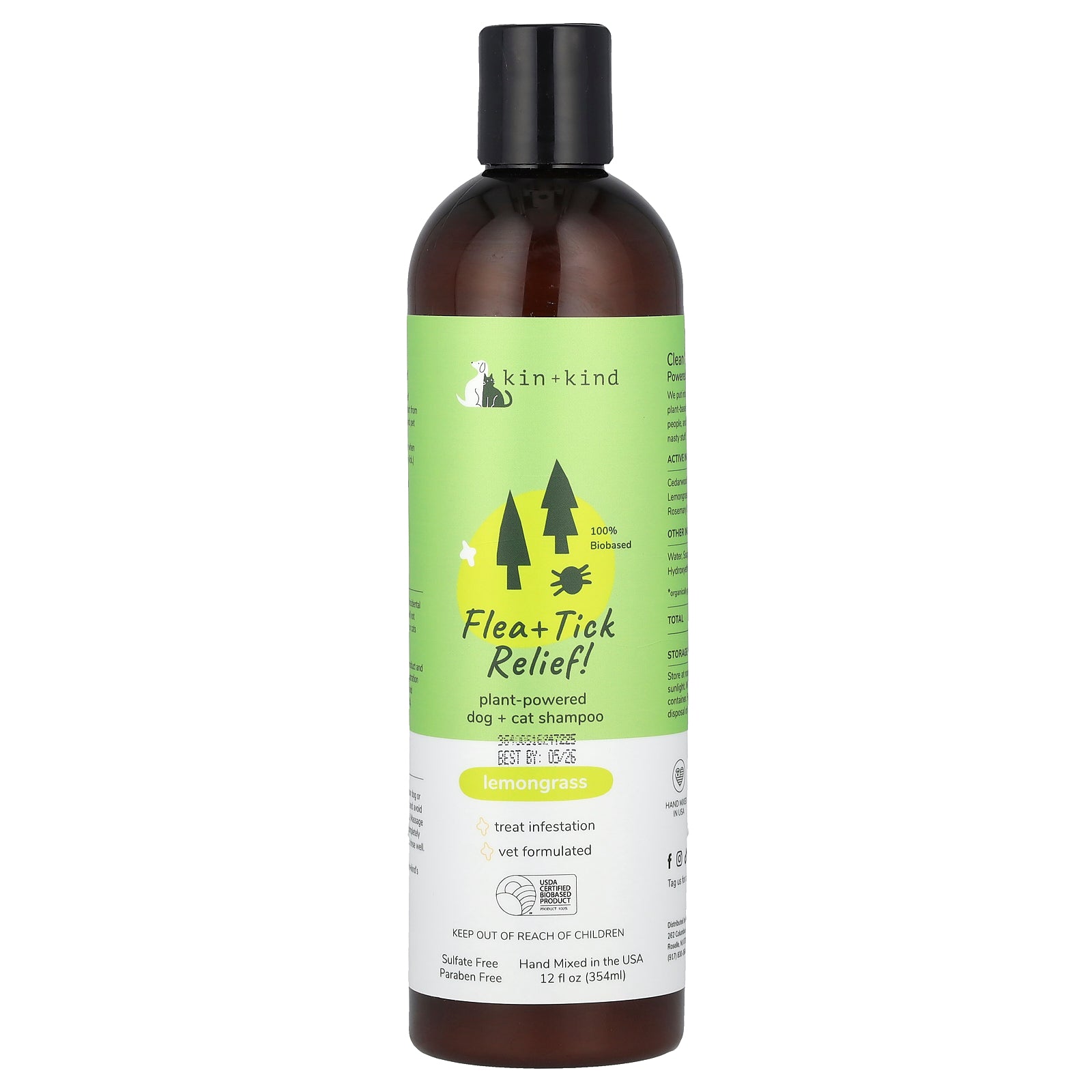 Kin+Kind, Flea + Tick Relief!, Plant-Powered Dog + Cat Shampoo, Lemongrass, 12 fl oz (354 ml)