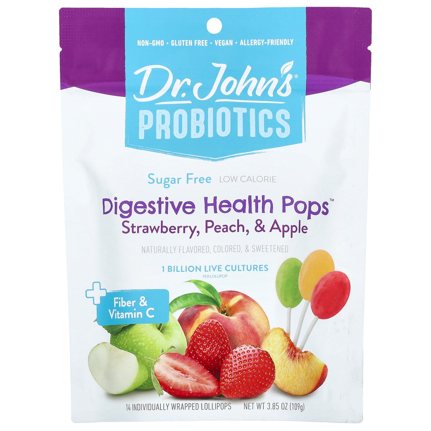 Dr. John's Healthy Sweets, Probiotics, Digestive Health Pops™, + Fiber & Vitamin C, Strawberry, Peach & Apple, Sugar Free, 1 Billion, 14 Individually Wrapped Lollipops, 3.85 oz (109 g)