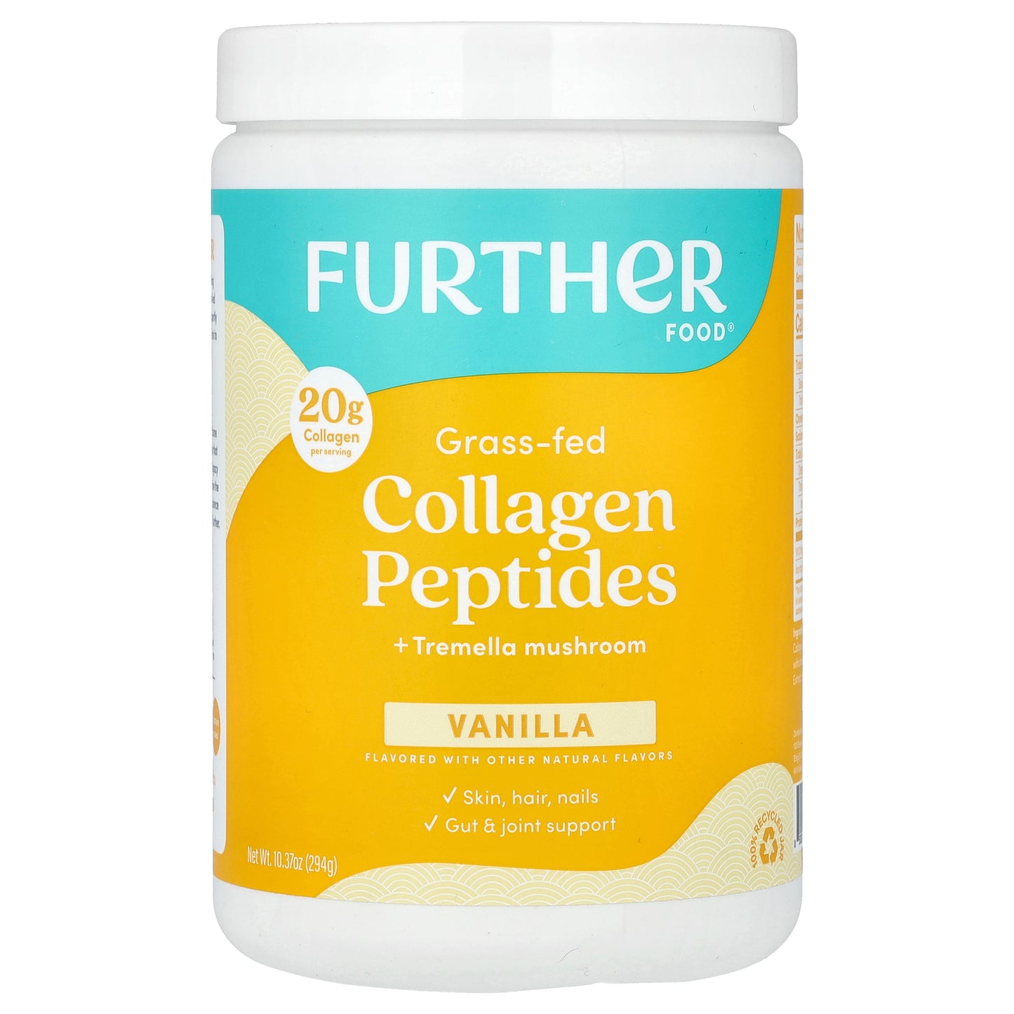 Further Food, Grass-Fed Collagen Peptides + Tremella Mushroom, Vanilla, 10.37 oz (294 g)