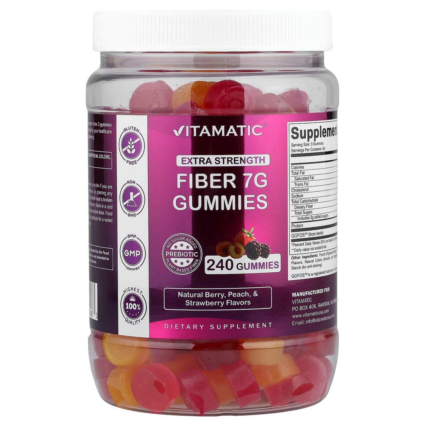 Vitamatic, Fiber Gummies, Natural Berry, Peach & Strawberry, 240 Gummies