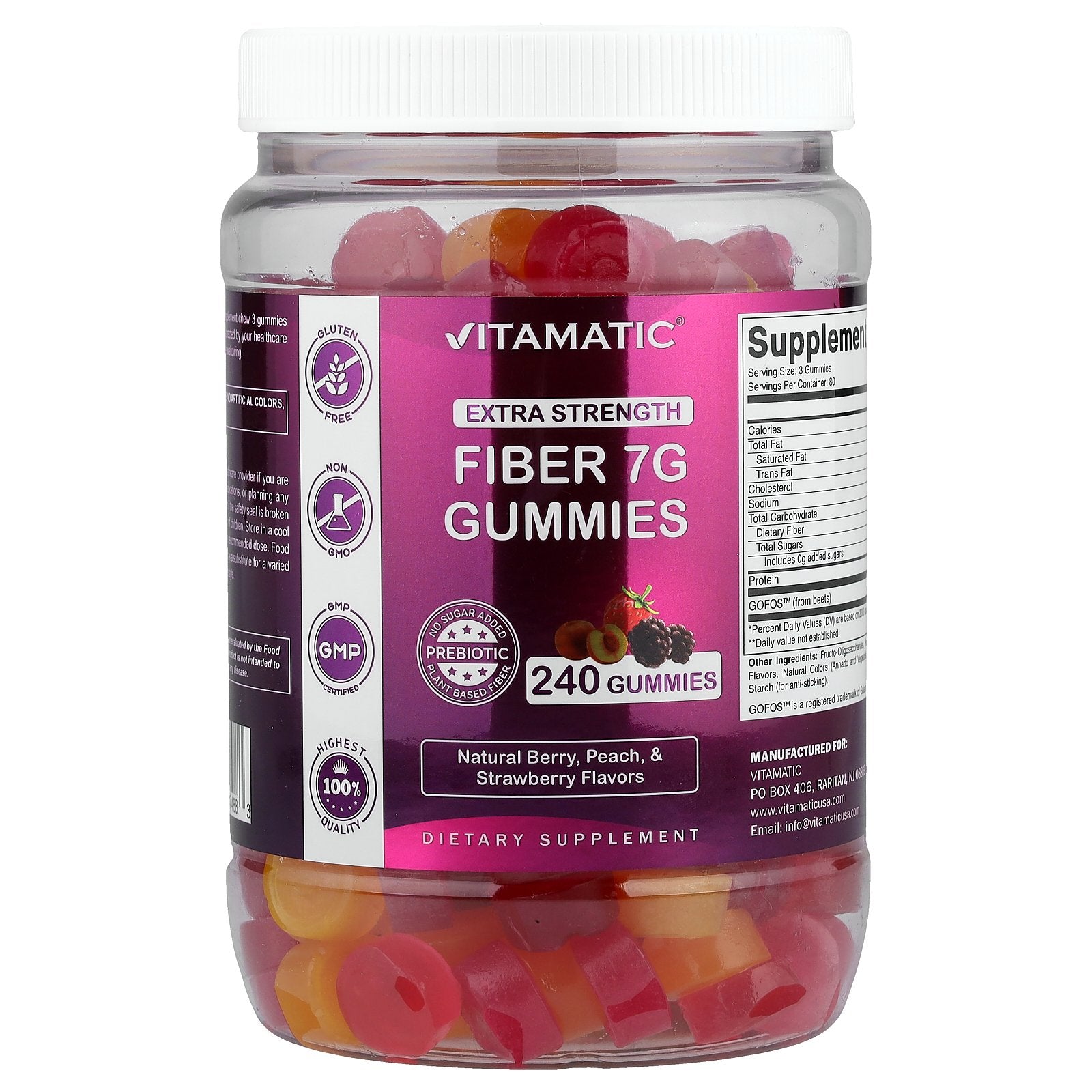 Vitamatic, Fiber Gummies, Natural Berry, Peach & Strawberry, 240 Gummies