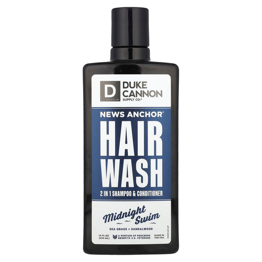 Duke Cannon Supply Co., News Anchor® Hair Wash, 2 in 1 Shampoo & Conditioner, Midnight Swim, Sea Grass + Sandalwood, 14 fl oz (414 ml)