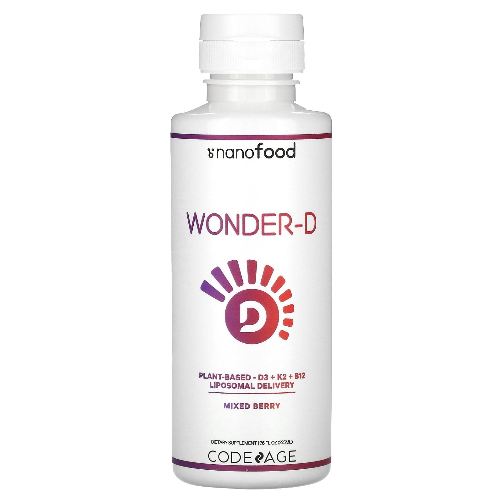 Codeage, Nanofood, Wonder-D, Plant-Based, D3 + K2 + B12, Liposomal Delivery, Mixed Berry, 7.6 fl oz (225 ml)