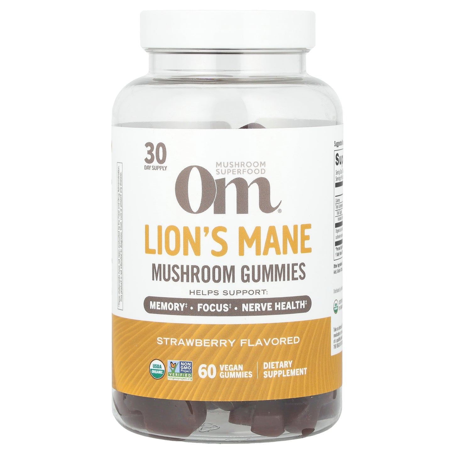 Om Mushrooms, Lion's Mane Mushroom Gummies, Strawberry, 60 Vegan Gummies (0.5 g per Gummy)