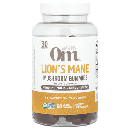 Om Mushrooms, Lion's Mane Mushroom Gummies, Strawberry, 60 Vegan Gummies (0.5 g per Gummy)