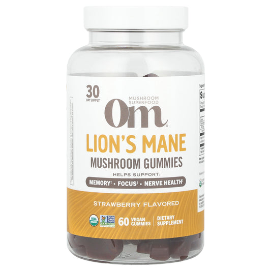 Om Mushrooms, Lion's Mane Mushroom Gummies, Strawberry, 60 Vegan Gummies (0.5 g per Gummy)