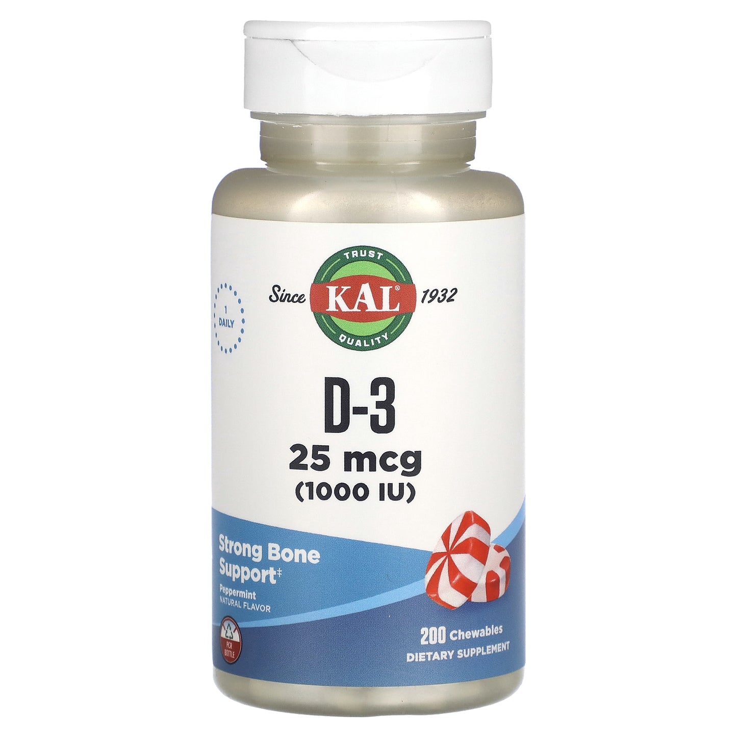 KAL, D-3, Peppermint, 25 mcg (1,000 IU), 200 Chewables