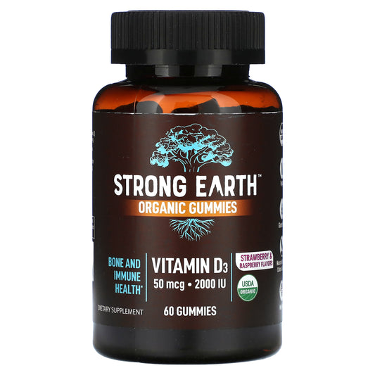 YumVs, Strong Earth Organic Gummies, Vitamin D3, Strawberry Raspberry, 2,000 IU, 60 Gummies (25 mcg (1,000 IU) per Gummy)