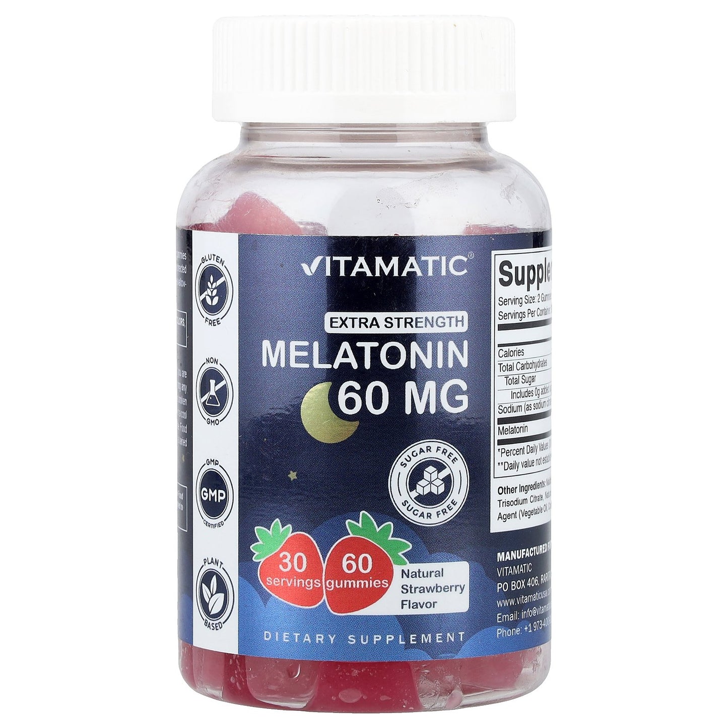 Vitamatic, Melatonin Gummies, Natural Strawberry, Sugar Free, 60 mg, 60 Gummies