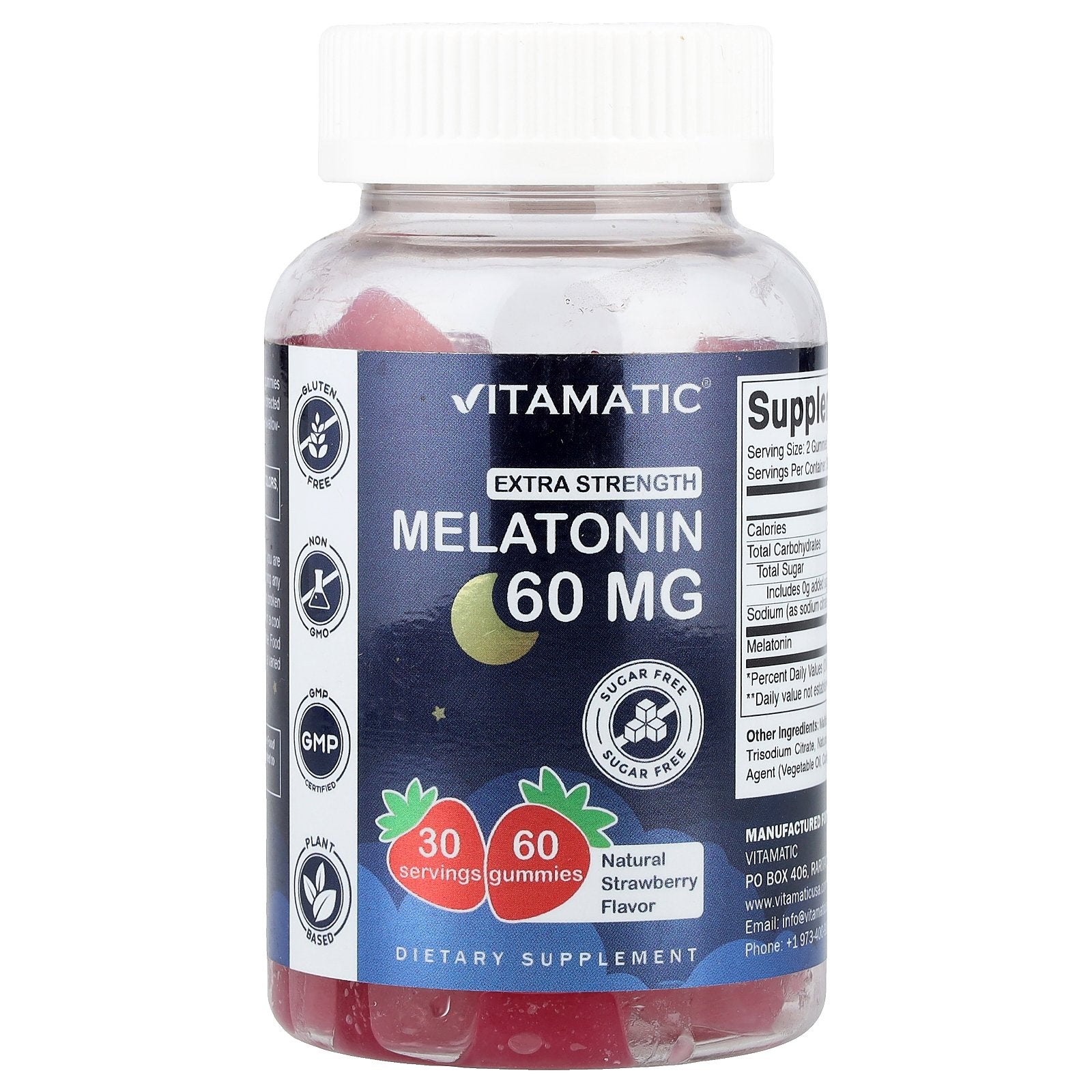 Vitamatic, Melatonin Gummies, Natural Strawberry, Sugar Free, 60 mg, 60 Gummies