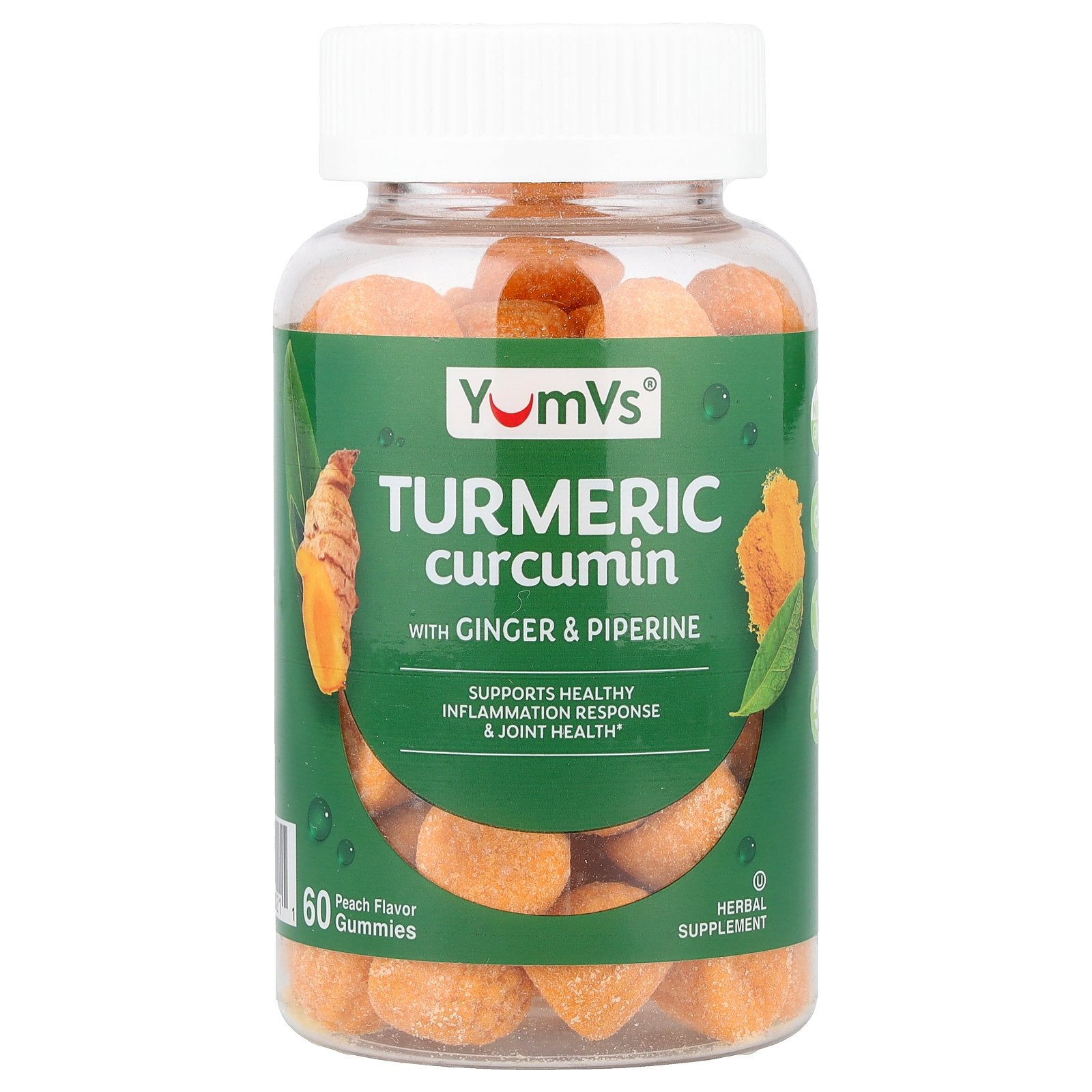 YumVs, Turmeric Curcumin With Ginger & Piperine Gummies, Peach, 60 Gummies