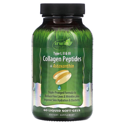 Irwin Naturals, Collagen Peptides + Astaxanthin, Type I, II & III, 60 Liquid Soft-Gels