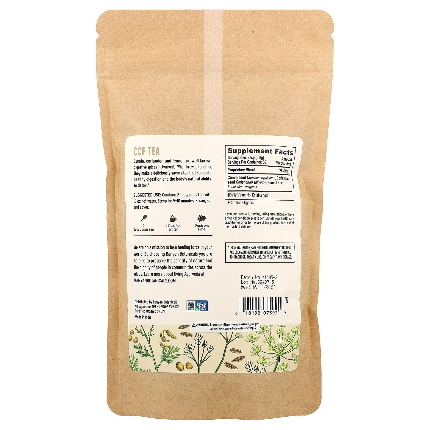Banyan Botanicals, CCF Tea, Caffeine Free, 0.5 lb (227 g)