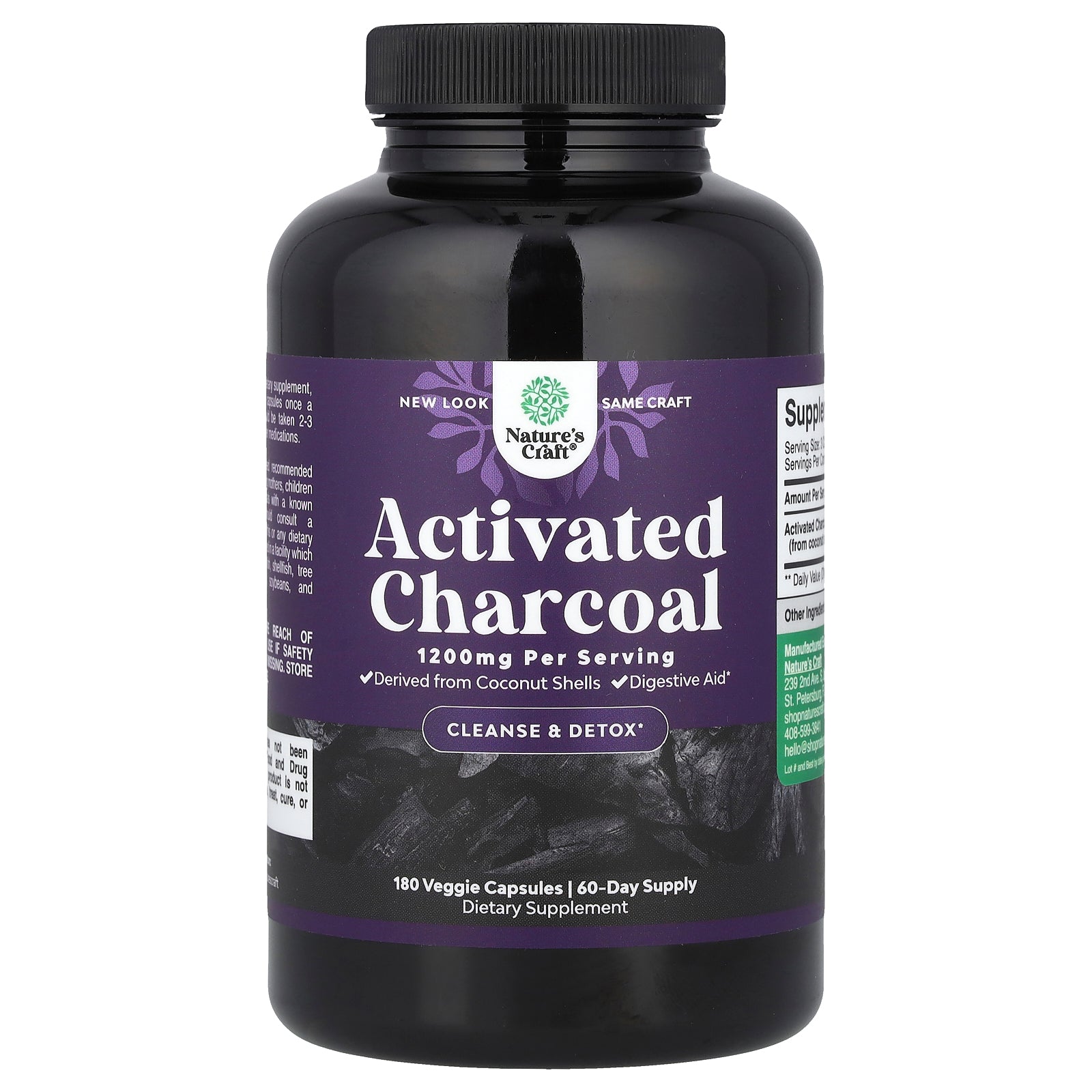 Nature's Craft, Activated Charcoal, 180 Veggie Capsule (400 mg per Capsule)