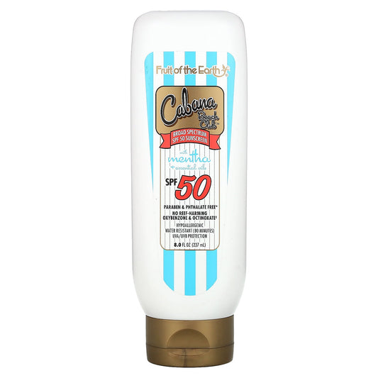 Fruit of the Earth, Cabana Beach Club, Sunscreen With Mentha +Essential Oils, SPF 50, 8 fl oz (237 ml)