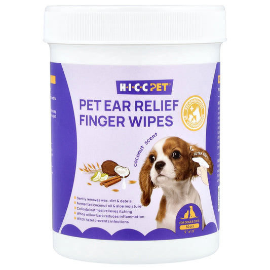 HICC Pet, Pet Ear Relief Finger Wipes, For Dogs & Cats, Coconut, 50 Pieces