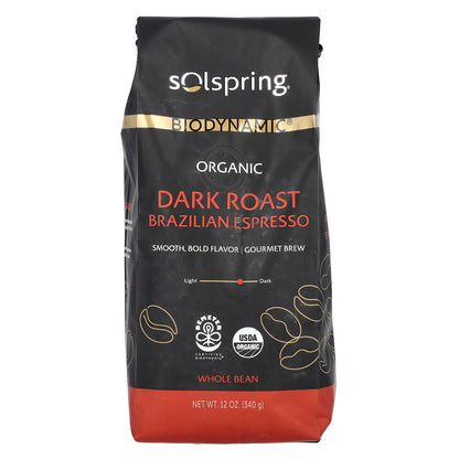 Dr. Mercola, Solspring®, Biodynamic®, Organic Brazilian Espresso, Whole Bean, Dark Roast, 12 oz (340 g)