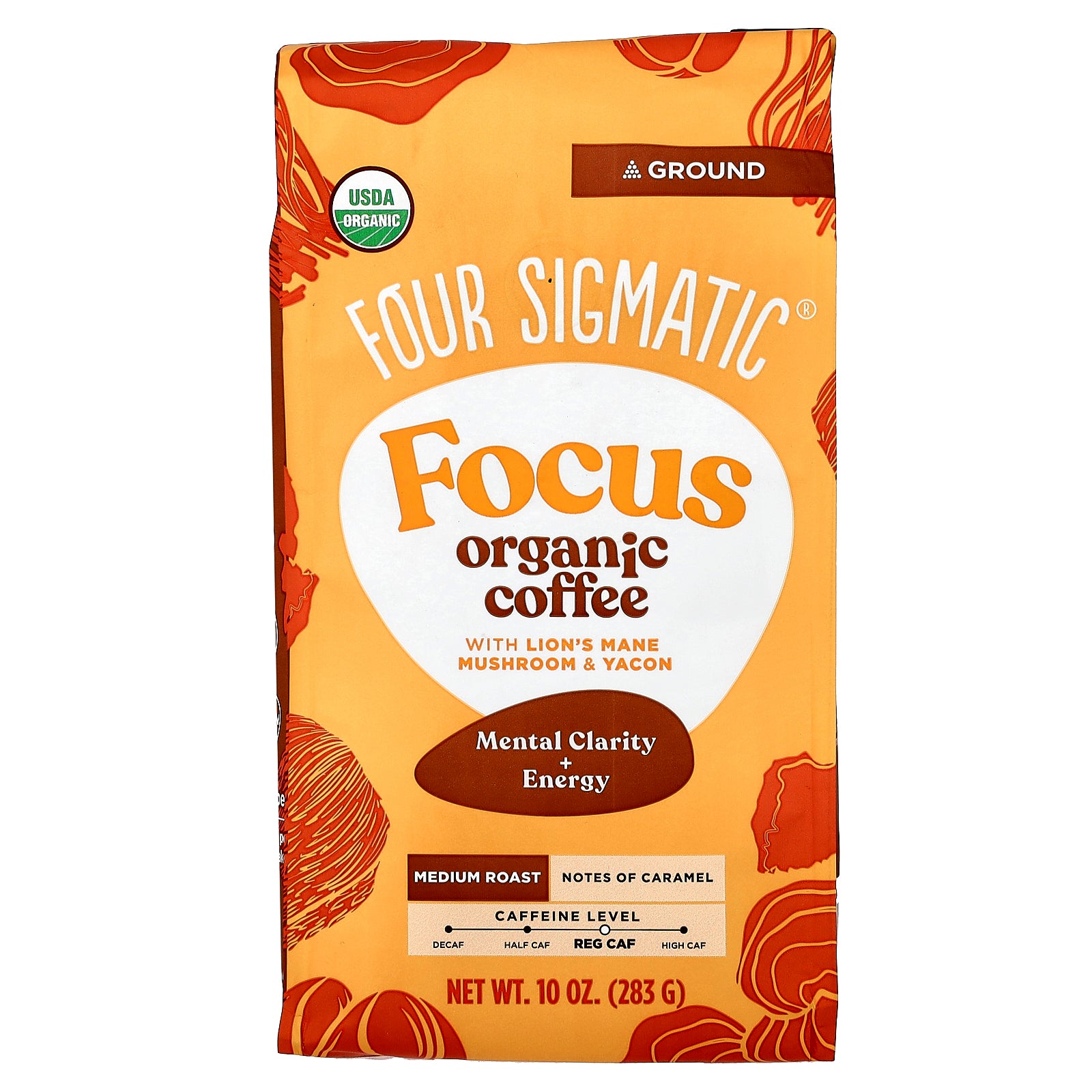 Four Sigmatic, Focus, Organic Coffee with Lion's Mane Mushroom & Yacon, Ground, Medium Roast, 10 oz (283 g)