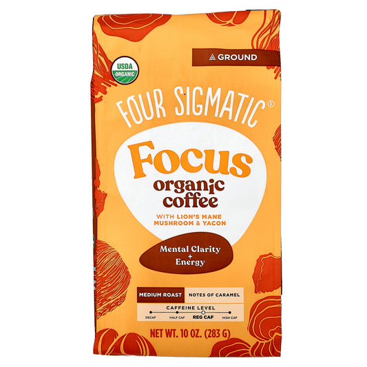Four Sigmatic, Focus, Organic Coffee with Lion's Mane Mushroom & Yacon, Ground, Medium Roast, 10 oz (283 g)