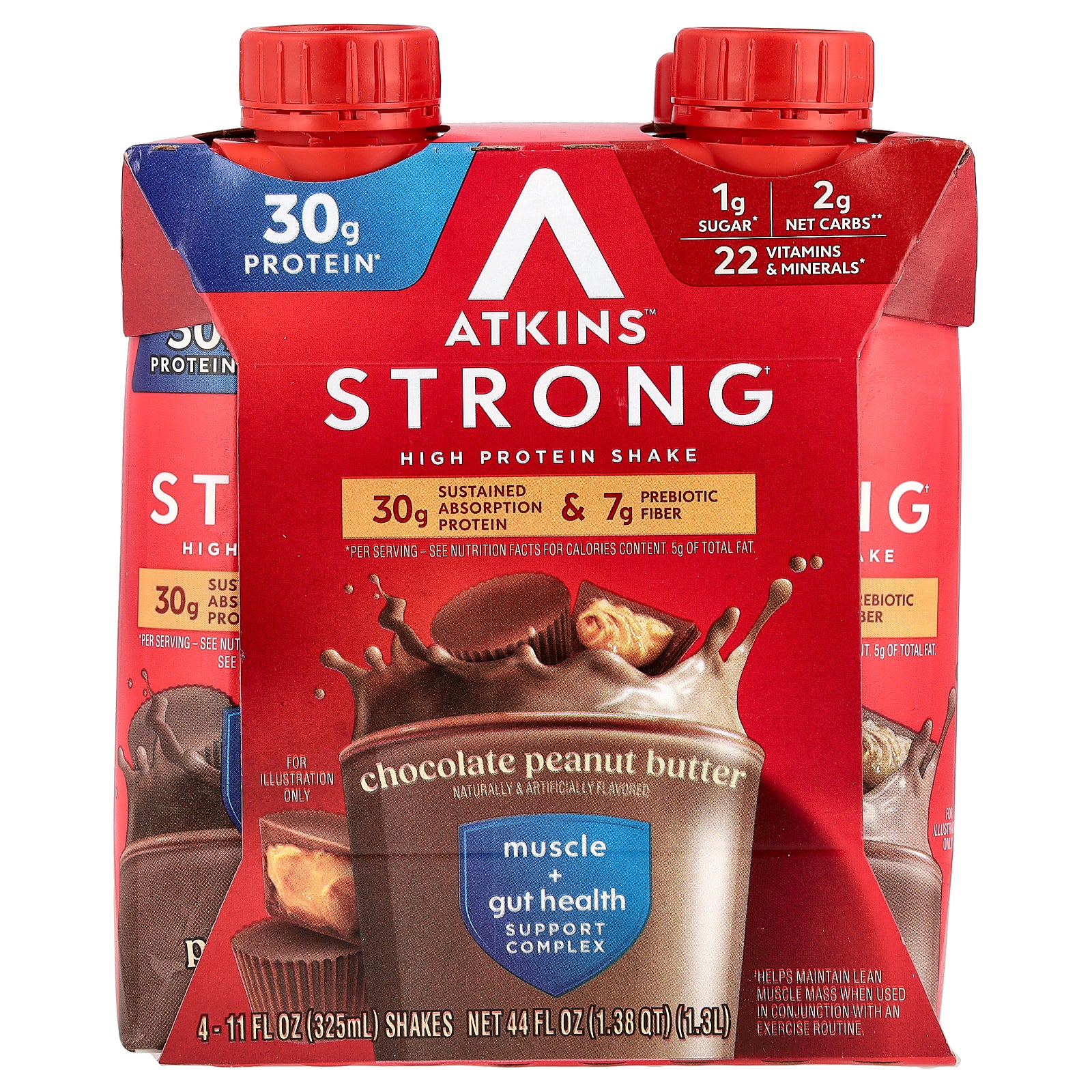 Atkins, Strong, High Protein Shake, Chocolate Peanut Butter, 4 Shakes, 11 fl oz (325 ml) Each