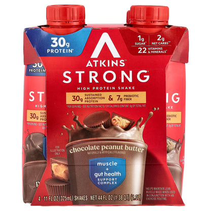 Atkins, Strong, High Protein Shake, Chocolate Peanut Butter, 4 Shakes, 11 fl oz (325 ml) Each