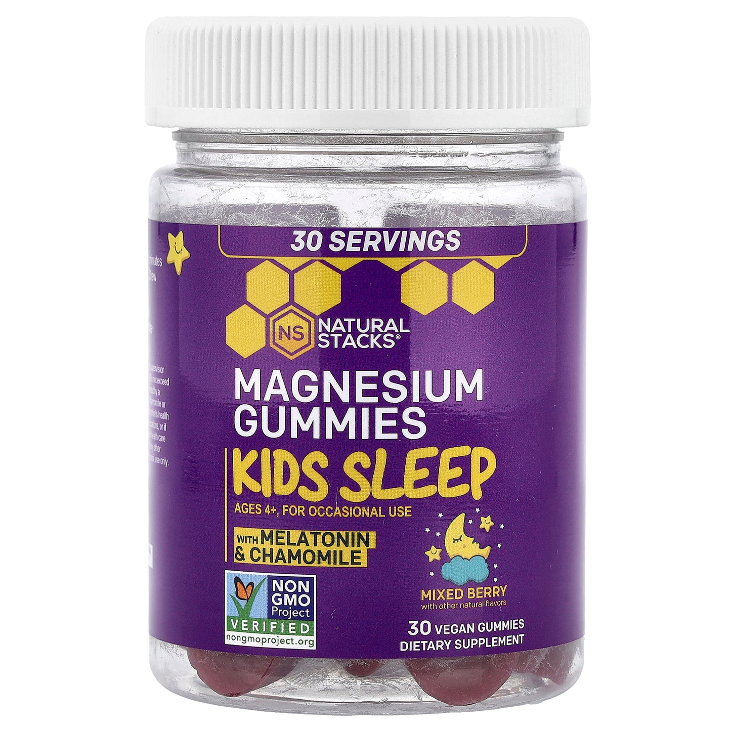 Natural Stacks, Kids Sleep Magnesium Gummies With Melatonin & Chamomile, Ages 4+, Mixed Berry,  30 Vegan Gummies