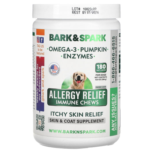 Bark&Spark, Allergy Relief Immune Chews, Itchy Skin Relief, For Dogs, Chicken, 180 Soft Chews, 13.9 oz (369 g)