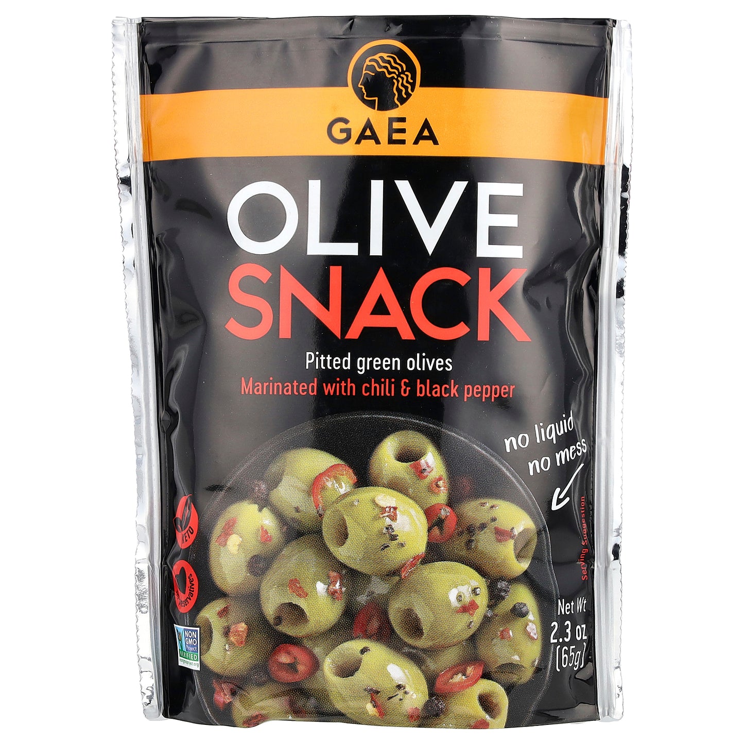 Gaea, Olive Snack, Pitted Green Olives, Marinated With Chili & Black Pepper, 2.3 oz (65 g)