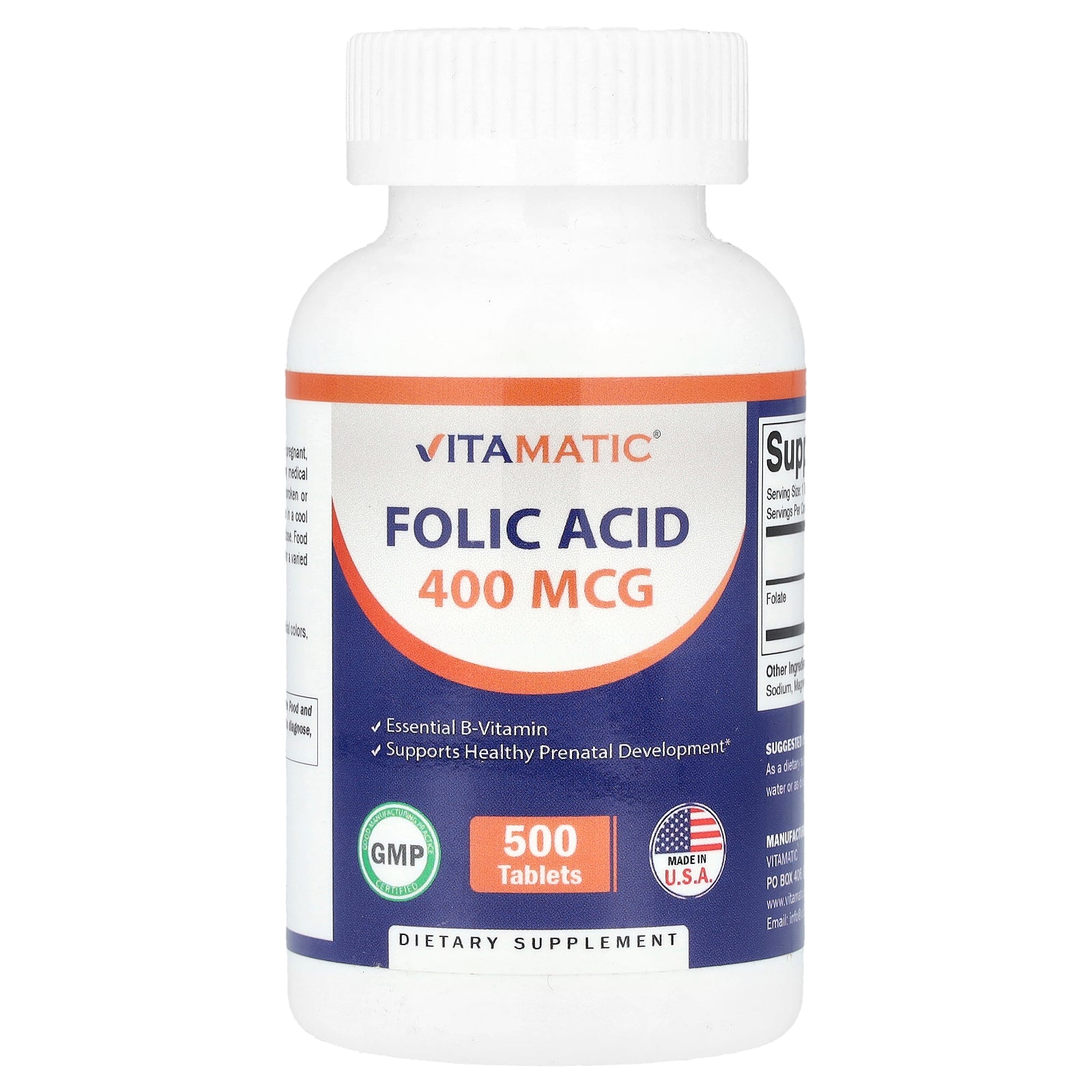 Vitamatic, Folic Acid, 400 mcg, 500 Tablets