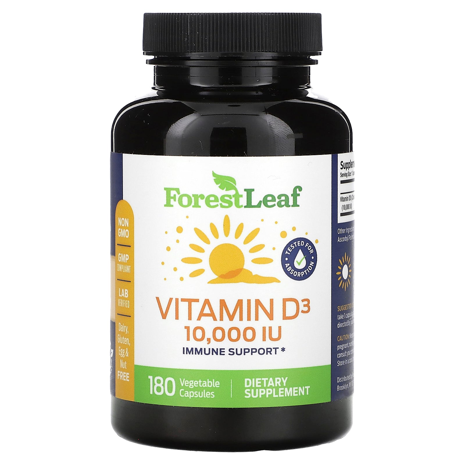 Forest Leaf, Vitamin D3, 250 mcg (10,000 IU), 180 Vegetable  Capsules