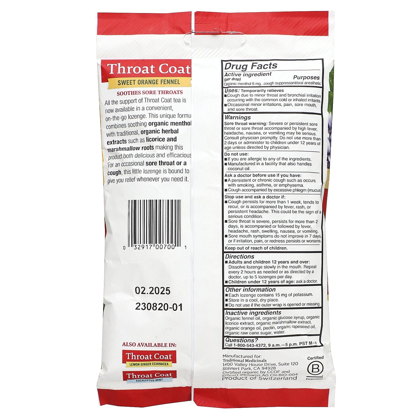 Traditional Medicinals, Organic Throat Coat® Drops, Sweet Orange Fennel, 16 Menthol Cough Drops