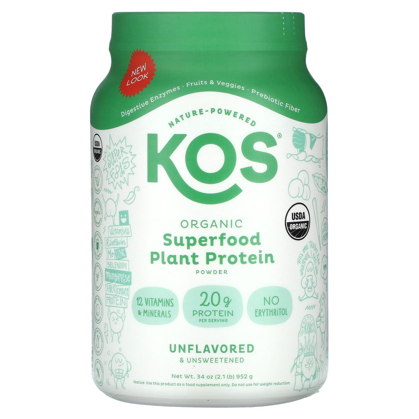 KOS, Organic Superfood Plant Protein Powder, Unflavored & Unsweetened, 2.1 lb (952 g)